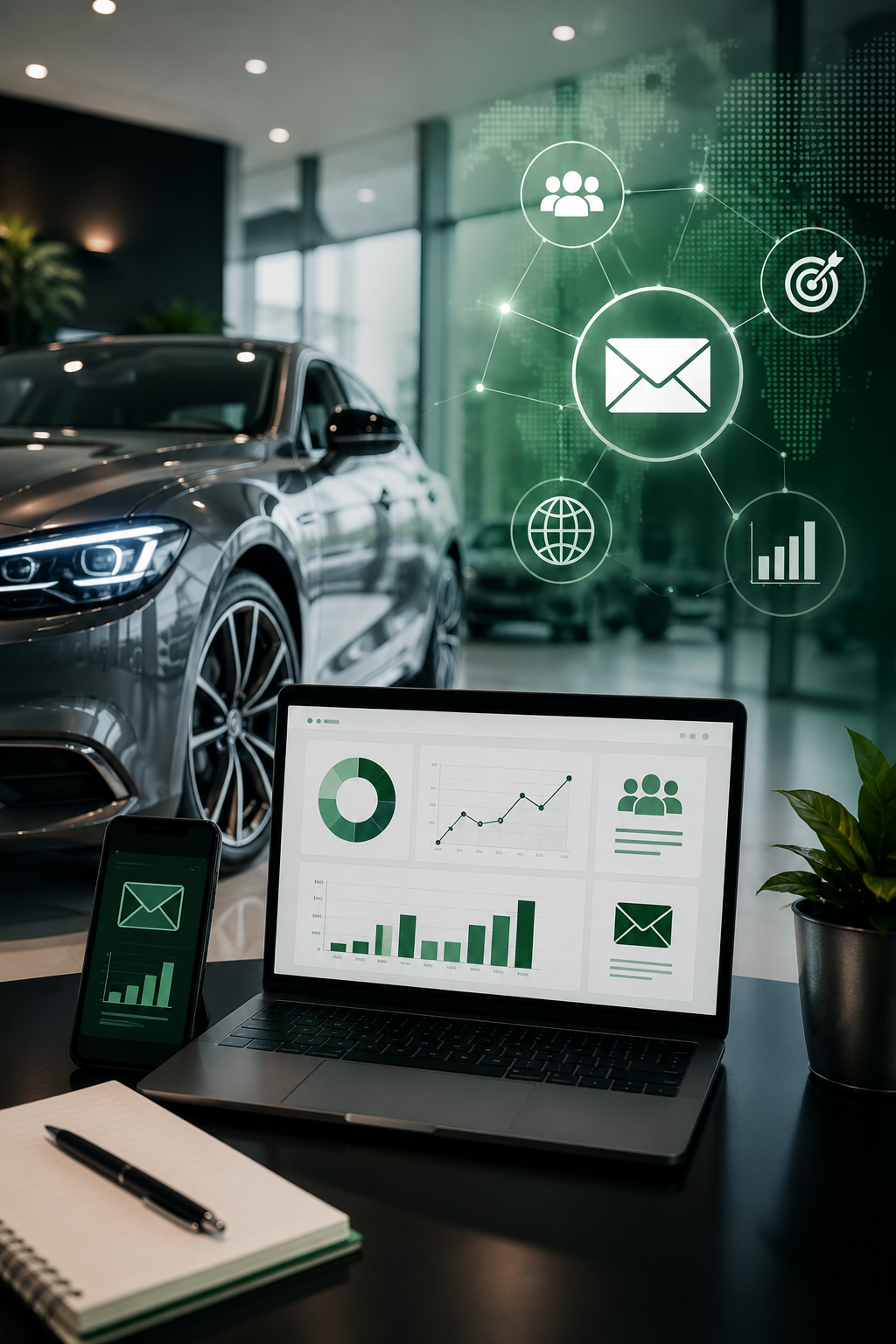 Automotive marketing dashboard with analytics, email, and dealership data